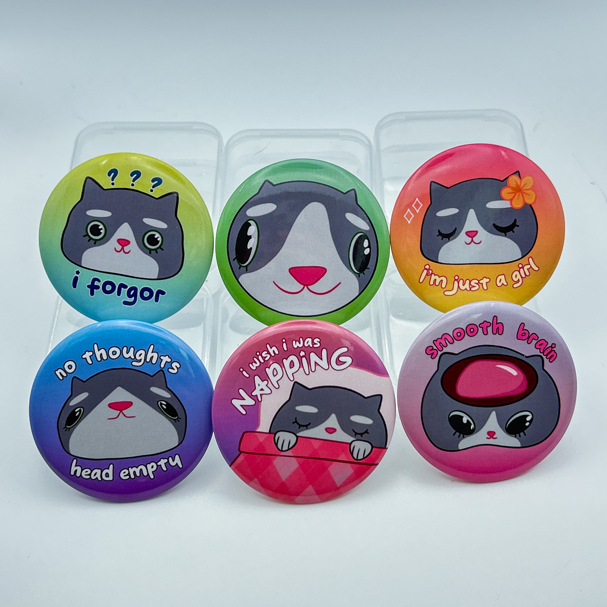 Daisy Button Set - A set of 6 round buttons depicting Daisy the cat in funny ways. One button says i forgor, one has a fisheye effect, one says I'm just a girl, one says no thoughts, head empy, one says I wish I was napping, and one says smooth brain